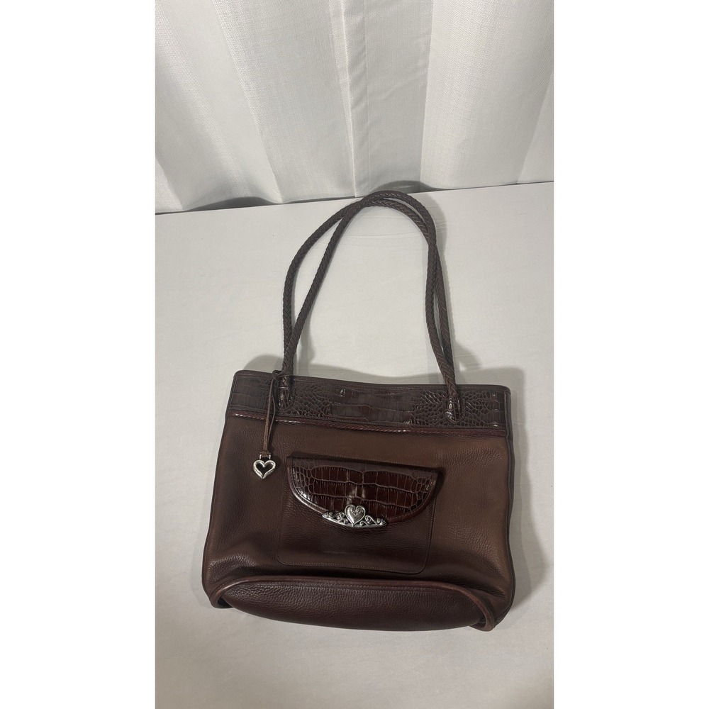Brighton Handbag Brown Embossed Alligator & Leather Braided Handles Charm